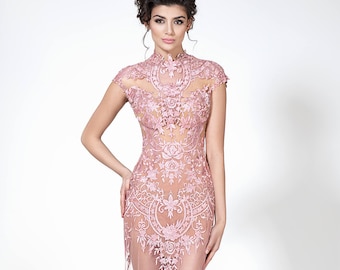 Super sexy fitted evening gown, Pink modern transparent dress, Nude formal see-through dress in dark blush color