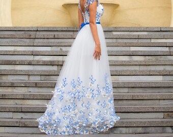 White and Blue Wedding dress, Color wedding dress with butterflies, Modest wedding dress gown, White bridal gown Fairy wedding dress in blue