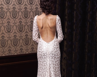 Sequin wedding dress in white, Open back sleeves bridal gown white long train sheath backless dress