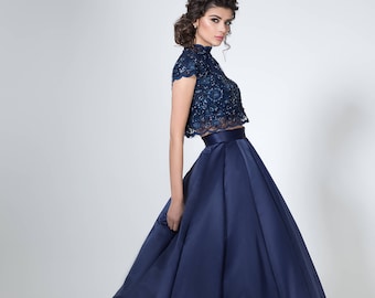 Two piece lace and satin dress, Navy blue evening dress, Cap sleeves prom dress, Crop top and skirt set Floral lace bodice Long evening gown