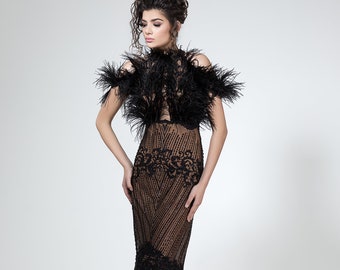 Evening dress black mother of the bride or groom dress, Couture Romantic womens dresses, Formal evening dress or gown with feathers