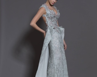 Gray backless wedding dress, Alternative wedding dress with open back, Unique wedding gown, Handmade designer wedding dress in grey