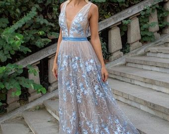 Sexy Mother of the Groom Dress, Blue Evening Gown, Sleeveless Prom Dress,  Gray Blue Mother of the Bride Dress, Floral Formal Dress in Gray
