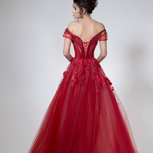 Red princess dress for formal events, Gorgeous prom dress of tulle with A-line silhouette image 2