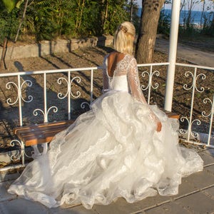 Rustic wedding dress white, Boho chic French wedding dress with bell sleeves from country lace bridal gown image 9