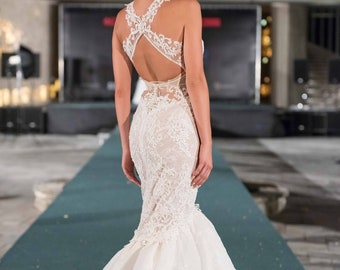 Mermaid wedding dress, Lace trumpet bridal gown in white, Sexy and feminine open back dress of fine lace