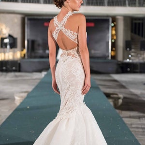 Mermaid wedding dress, Lace trumpet bridal gown in white, Sexy and feminine open back dress of fine lace image 1