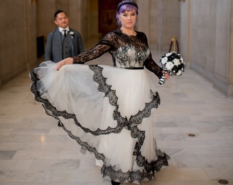 Long bridal dress with black lace, Black and white wedding dress, Sleeved lace wedding dress, French wedding dress from Alencon lace