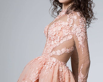 Short wedding dress in Peach, Sexy wedding dress with sleeves, Short bridal dress in pink wedding dress with plunge, summer wedding dress