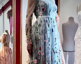 Gray floral bridal gown • Empire waist fairytale dress