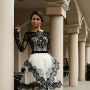 Black and white wedding dress, Short bridal dress with lace, Sleeved lace wedding dress, French wedding dress with sleeves from Alencon lace