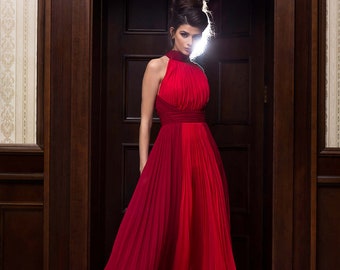Red formal dress, Elegant empire dress, Chiffon cocktail dress, Long couture dress, Dance evening dress, Romantic high fashion dress