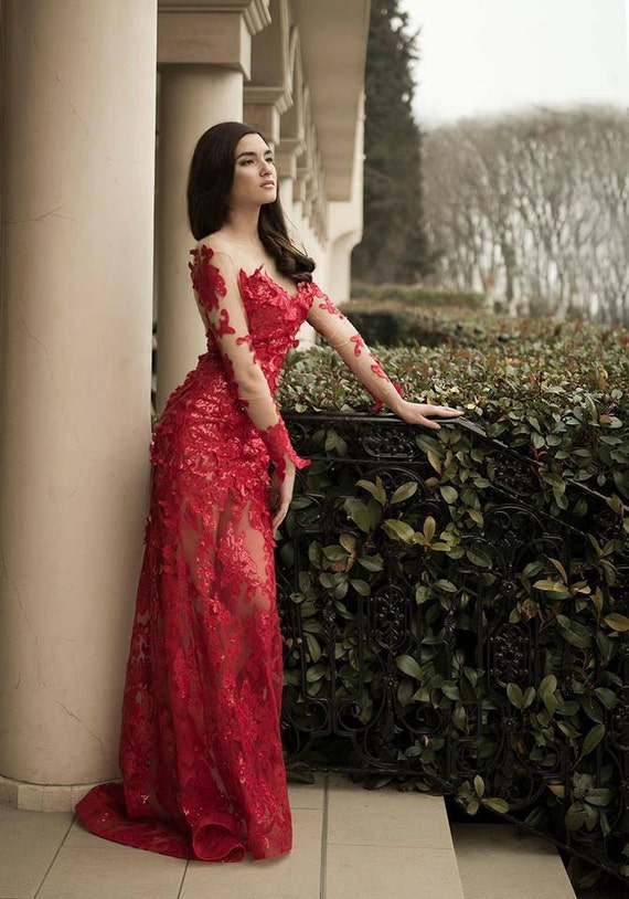 Malia Red Mermaid V Neck Glitter Satin Prom Dress | KissProm