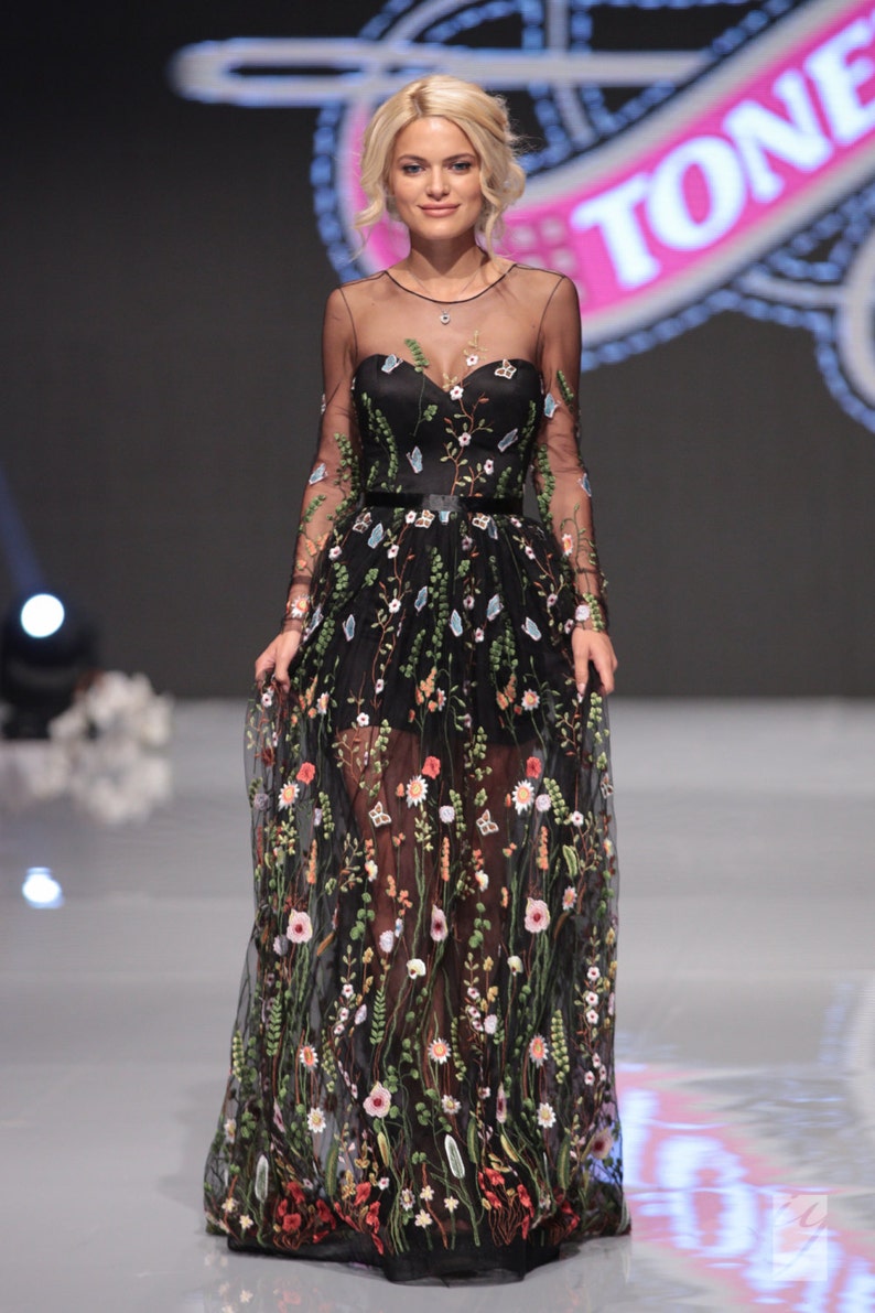 Embroidered Flower Prom Dress