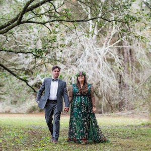 Embroidery Green Floral Wedding Dress Plus Size Embroidered Flower Bridal gown with sleeves, Color wedding dress from tulle image 8