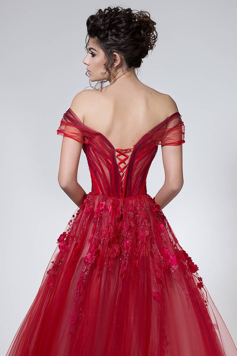 Red princess dress for formal events, Gorgeous prom dress of tulle with A-line silhouette image 8