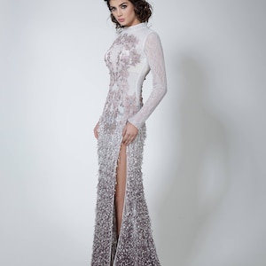High neck wedding dress, Ombre wedding dress with fringe, Gray bridal gown, sleeves wedding dress in off white and gray, Slit wedding dress