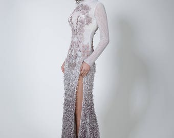 High neck wedding dress, Ombre wedding dress with fringe, Gray bridal gown, sleeves wedding dress in off white and gray, Slit wedding dress