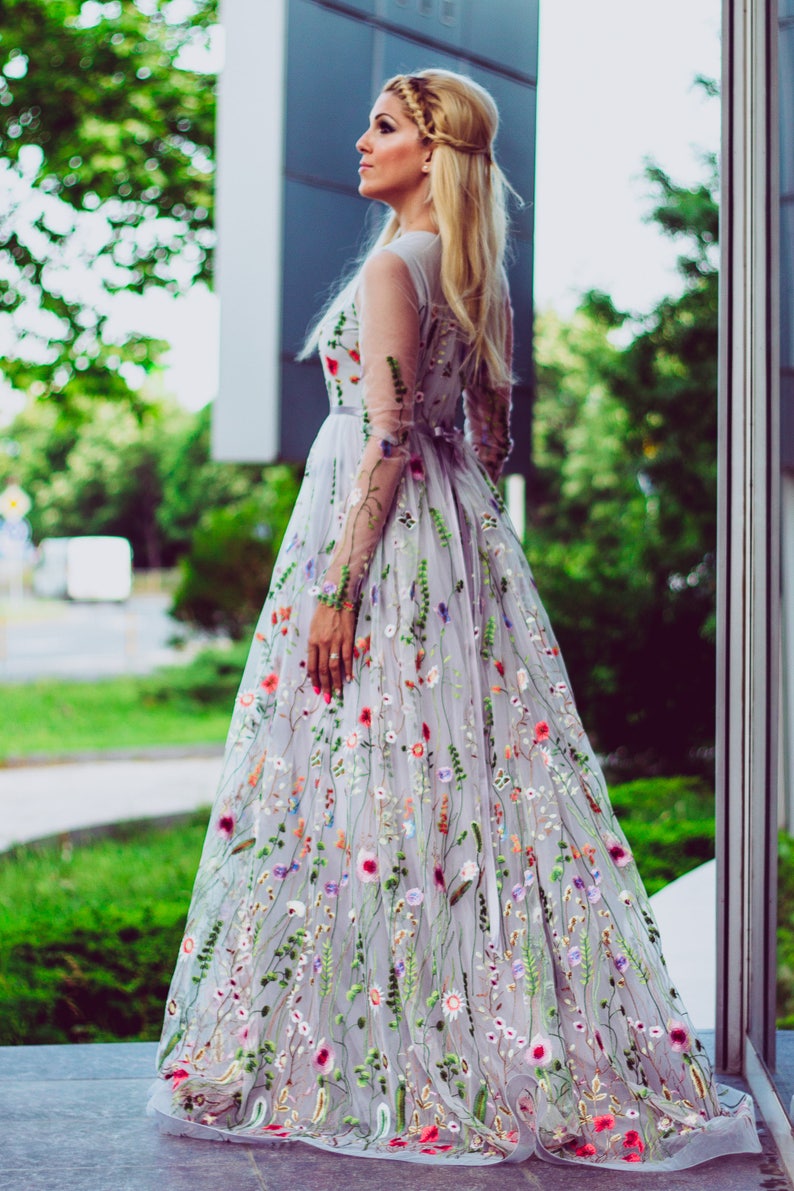 Flower wedding dress in gray, Color wedding dress with sleeves, Embroidery Floral Bridal Gown in grey, Embroidered wedding dress from tulle image 7