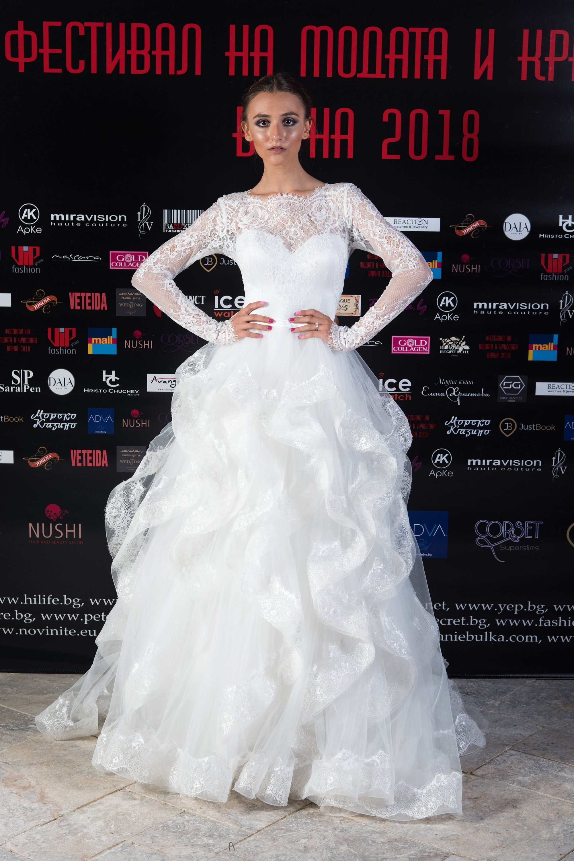 Long sleeve wedding dress with lace, Frills bridal gown with ruffles, Unique quality lace wear, Handmade bridal gown with corset