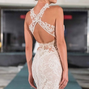 Mermaid wedding dress, Lace trumpet bridal gown in white, Sexy and feminine open back dress of fine lace image 7