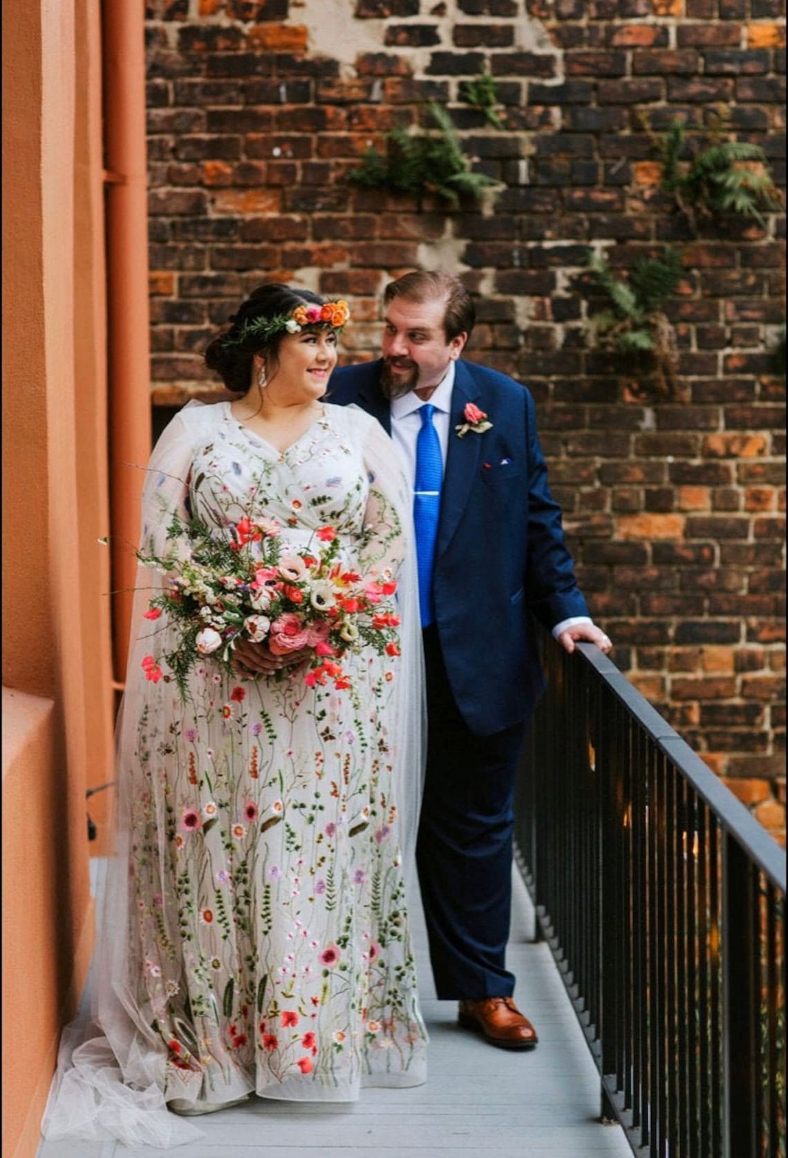 White Plus size Wedding Dress with Flowers Embroidery Floral image 3