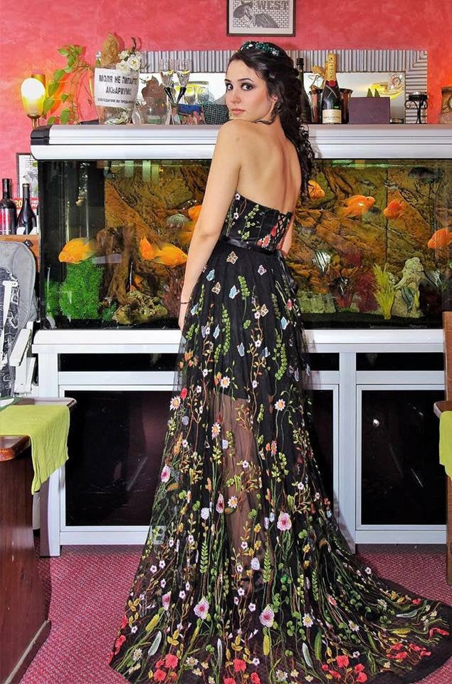Embroidered Black Tulle Dress/ Floral Maxi Elegant