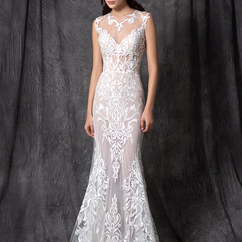 rustic mermaid wedding dress Rustic Lace Mermaid Bridal Long sleeve gown with Long Sleeves and Backless Design