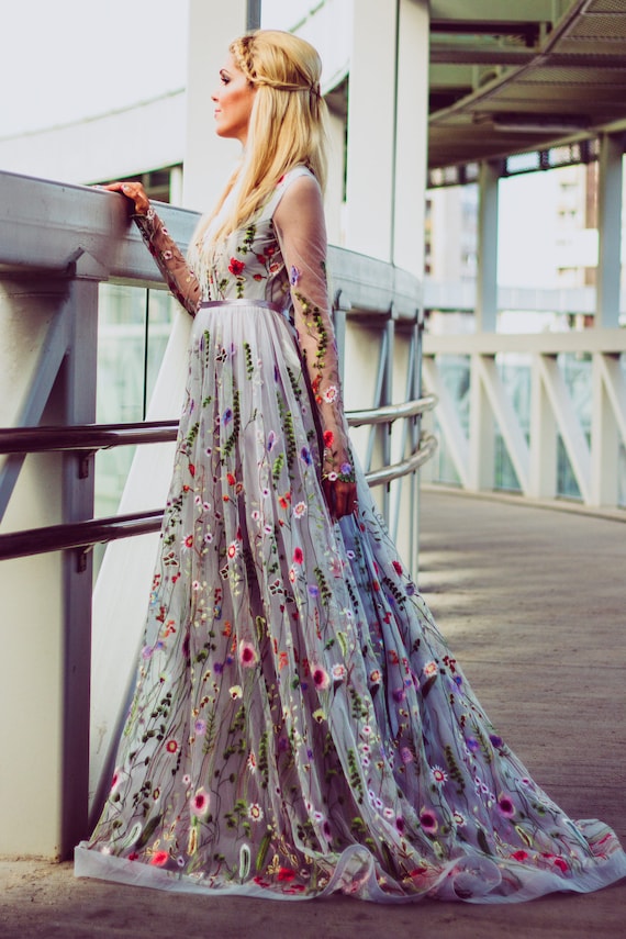 wedding dress with colored flowers