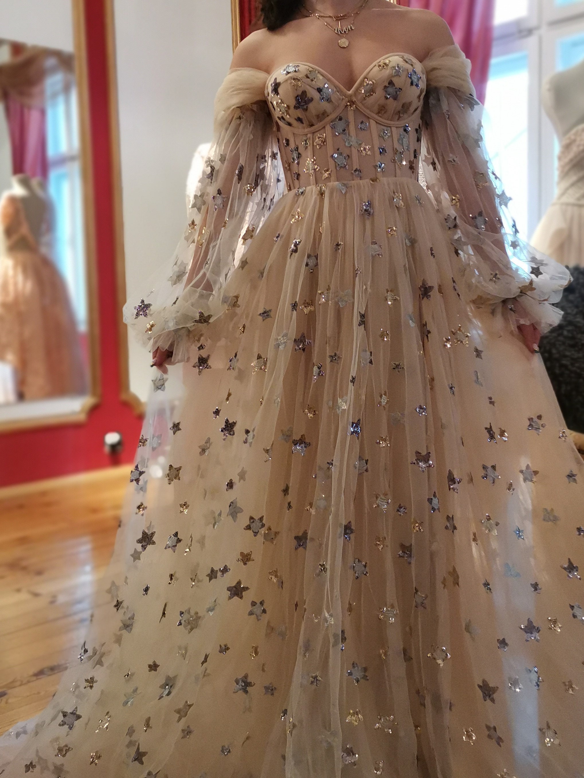 NEW Stars Boho Wedding Dress unique Bohemian Dress With Detachable Sleeves stars Bridal Dress prom Dress transparent Corset Boho Dress Etsy