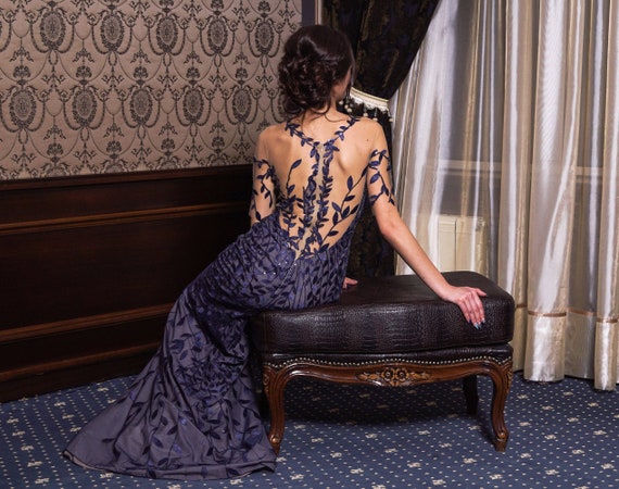 Harriet Espejismo Gasa Y Encaje Vestido Azul Marino