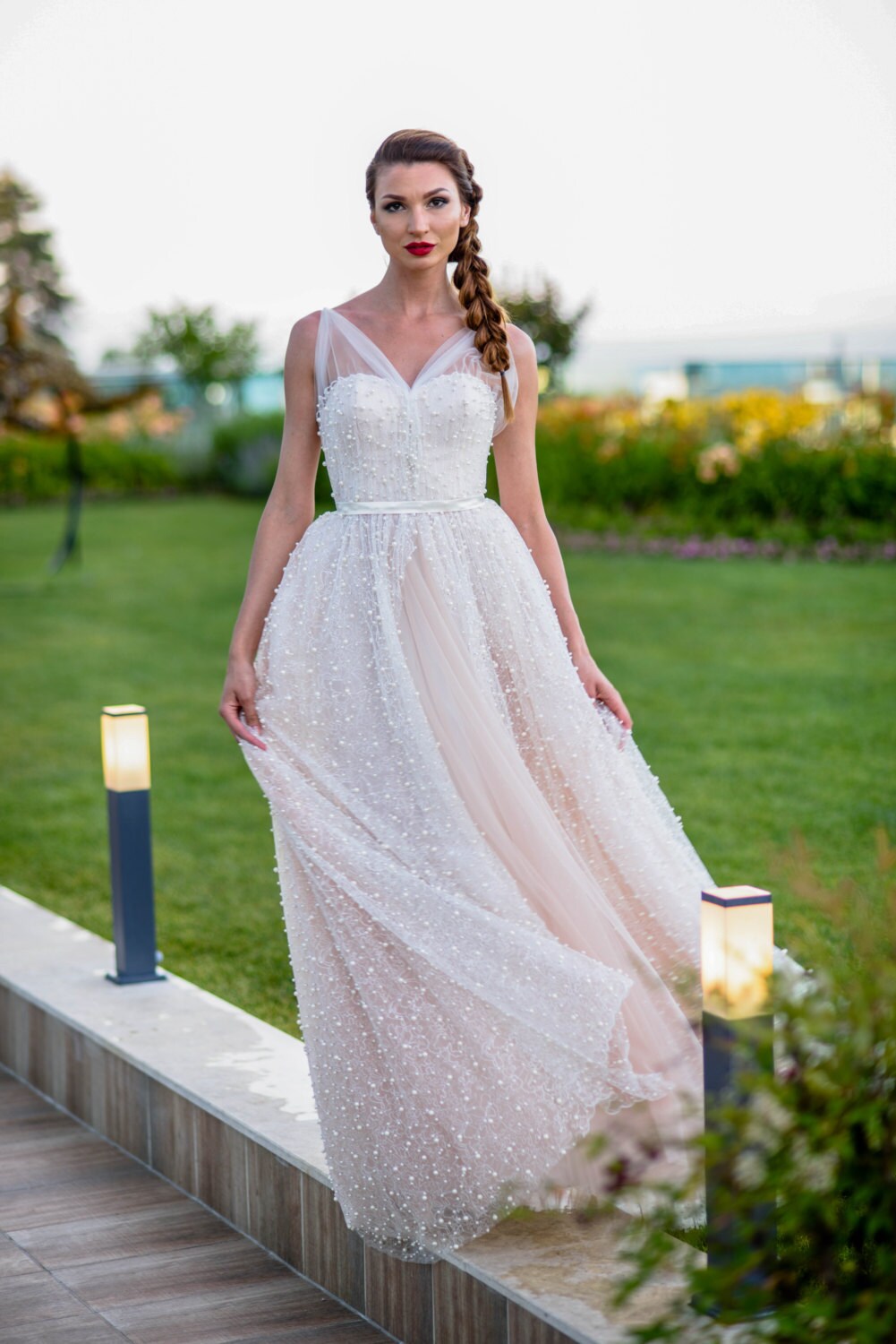pale pink wedding dress Romantic Floral A-line Tulle Unique This pink floral embellished tulle gown captures the essence of classic romance Romantic Lace Applique Strap Corset