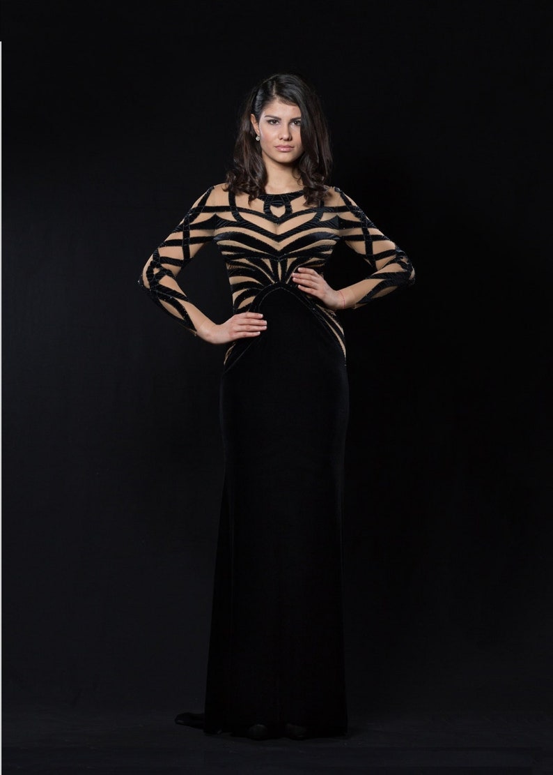 Black velvet evening dress, Long formal dress from plush, Black cocktail dress with handmade stripes, Goth long evening gown in black velvet