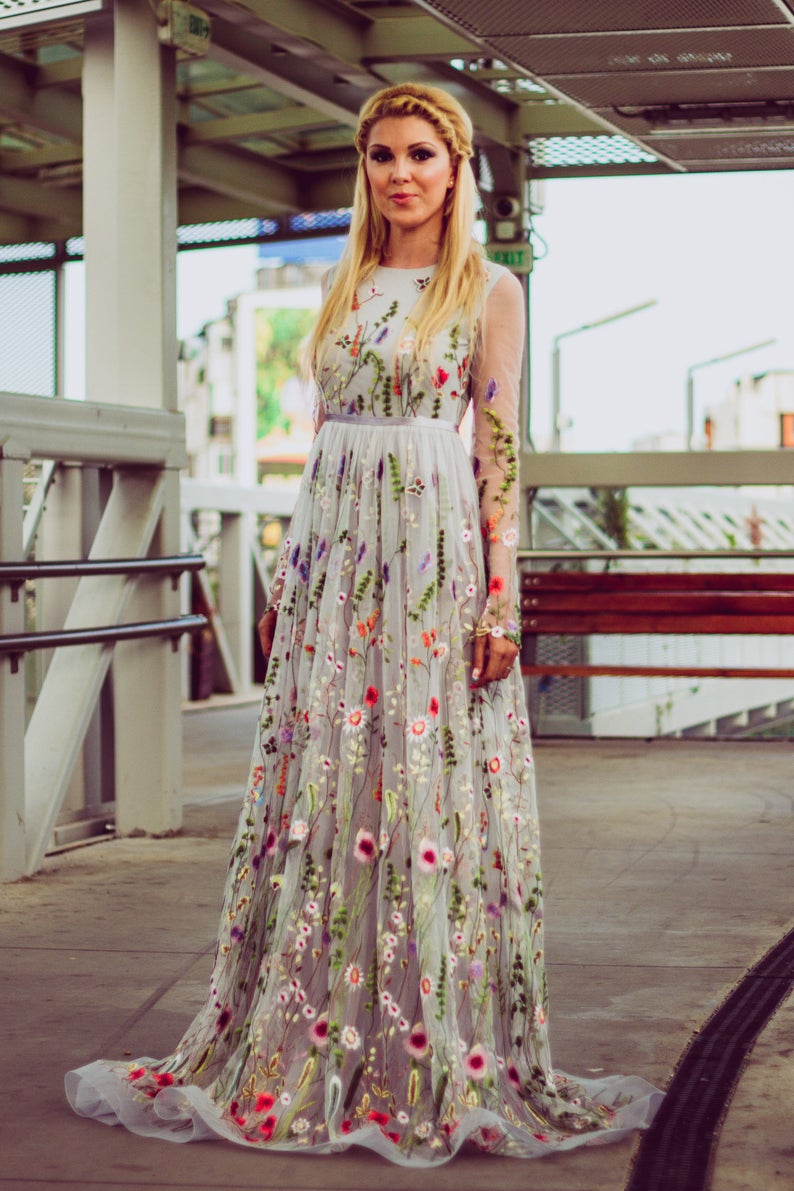 Flower wedding dress in gray, Color wedding dress with sleeves, Embroidery Floral Bridal Gown in grey, Embroidered wedding dress from tulle image 2