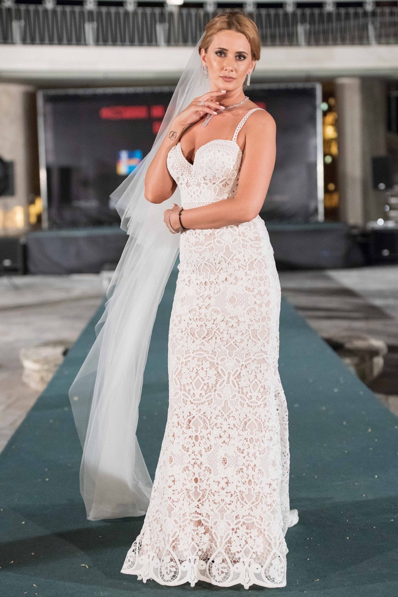 Glamorous bridal gown, Lace wedding dress with veil, Sheath bridal dress with thin spaghetti straps image 8