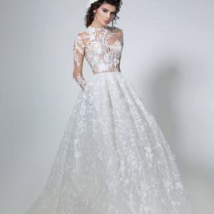Lace wedding dress in white, Boho wedding dress with sleeves, Simple lace wedding gown, Long bridal dress, Modern handmade wedding dress