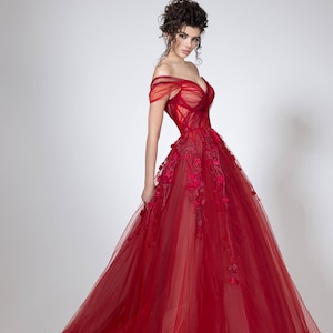 Red princess dress for formal events, Gorgeous prom dress of tulle with A-line silhouette image 5