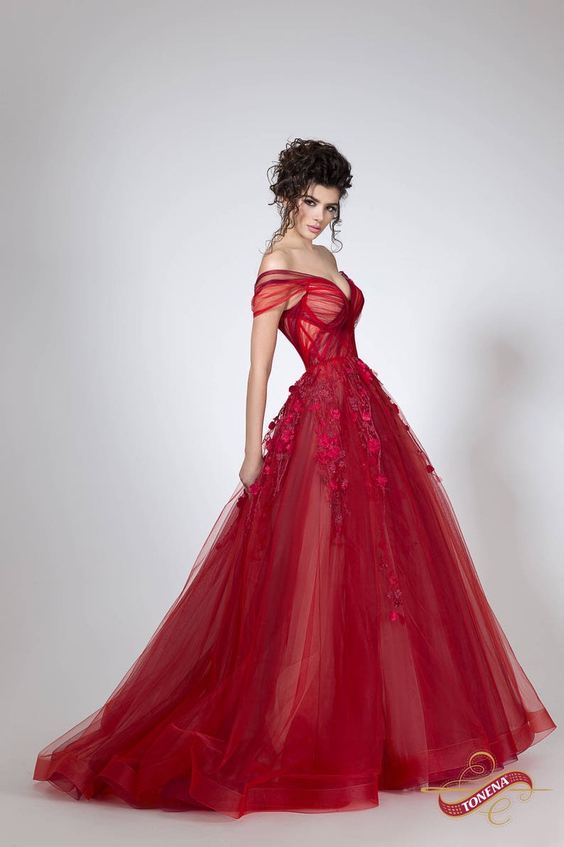 Red princess dress for formal events, Gorgeous prom dress of tulle with A-line silhouette image 5