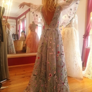 Grey flower wedding dress with butterfly sleeves, Color Elegant Embroidery Lace Floral dress, Embroidered wedding gown with floral elements image 4