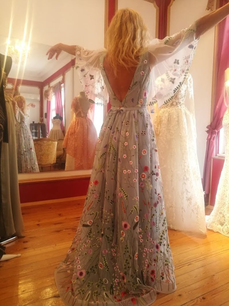 Grey flower wedding dress with butterfly sleeves, Color Elegant Embroidery Lace Floral dress, Embroidered wedding gown with floral elements image 4