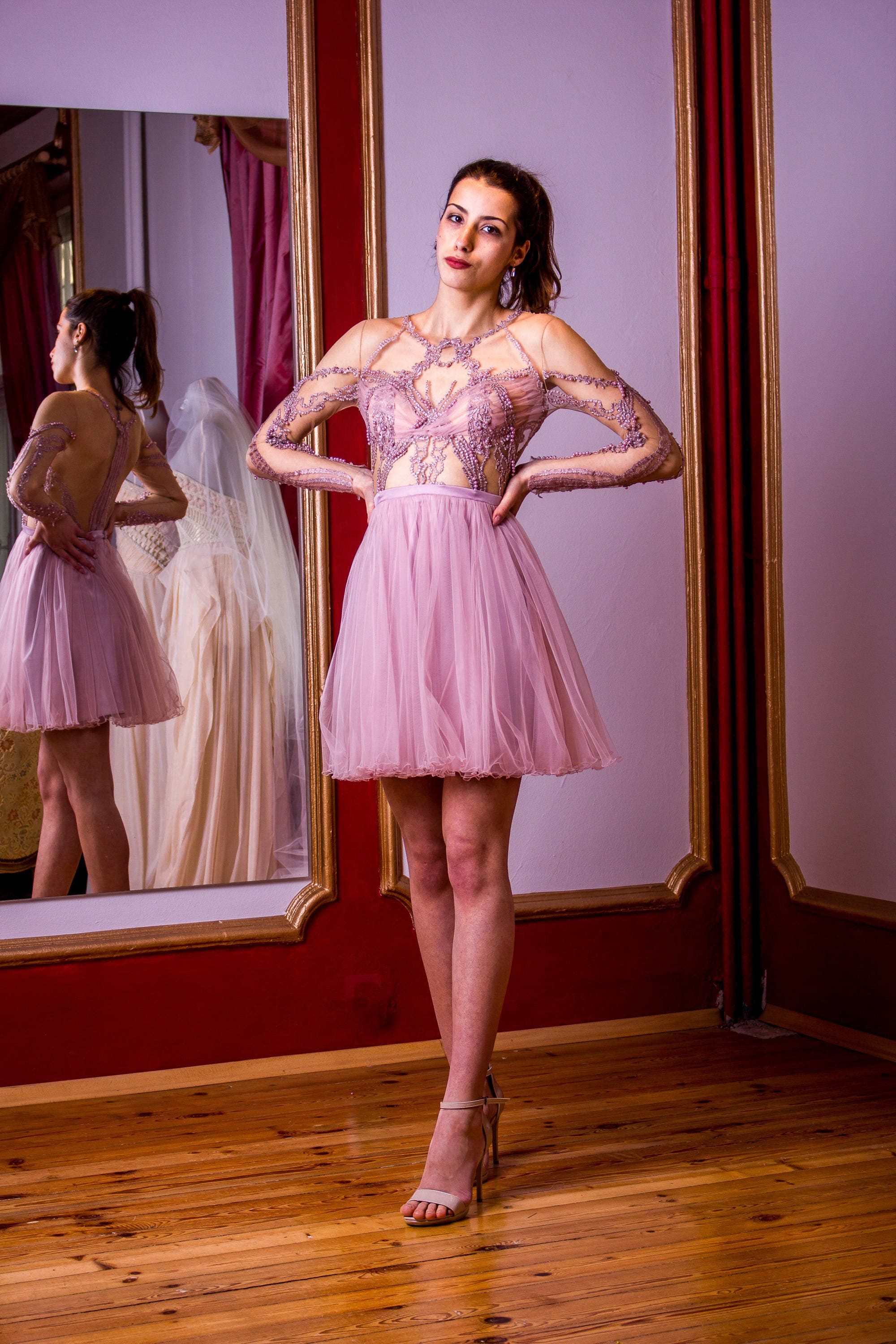 Short Rose Ash Evening Dress with Detachable Skirt, Short and Long Formal Dress in Purple, Dance Prom Dress with Removable Skirt