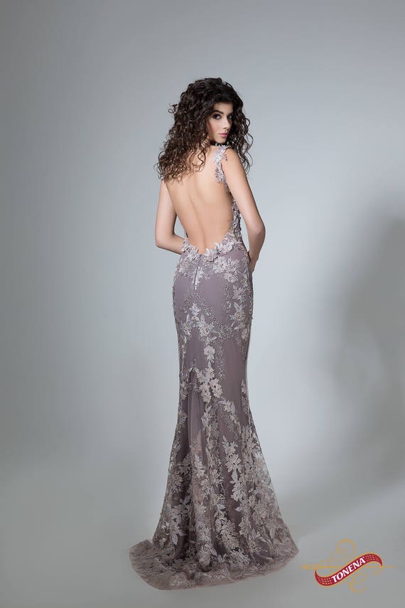 Sexy Prom Dress in Gray, Backless Formal Dress, Open Back Elegant Dress,  Long Prom Gown With Flowers, Maid of Honor Dress 