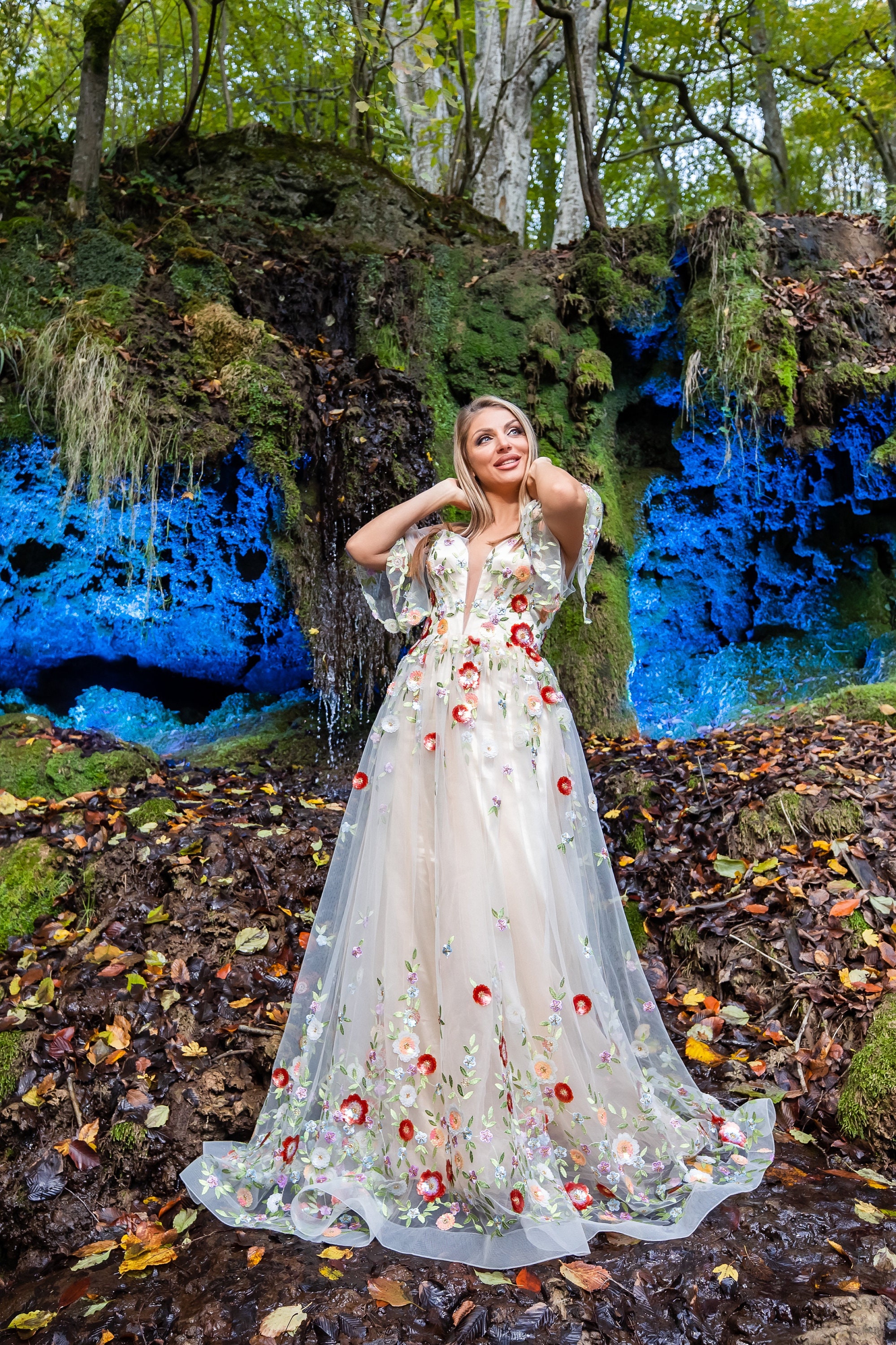 Embroidery Floral Bridal Gown a V-neck in Champagne/floral Wedding Dress/unique  Embroidered Tulle Bridal Gown/fairy Sweetheart Off-shoulder - Etsy
