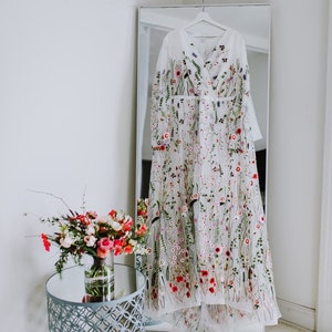 White Plus size Wedding Dress with Flowers, Embroidery Floral Bridal Gown with long sleeves, White Tulle wedding dress long image 6