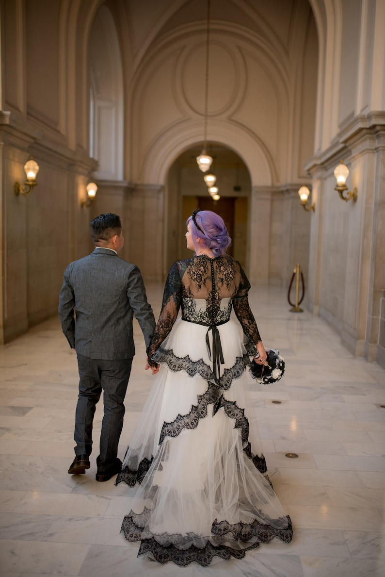 Long bridal dress with black lace, Black and white wedding dress, Sleeved lace wedding dress, French wedding dress from Alencon lace image 7