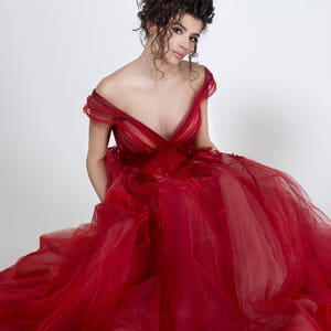 Red princess dress for formal events, Gorgeous prom dress of tulle with A-line silhouette image 3