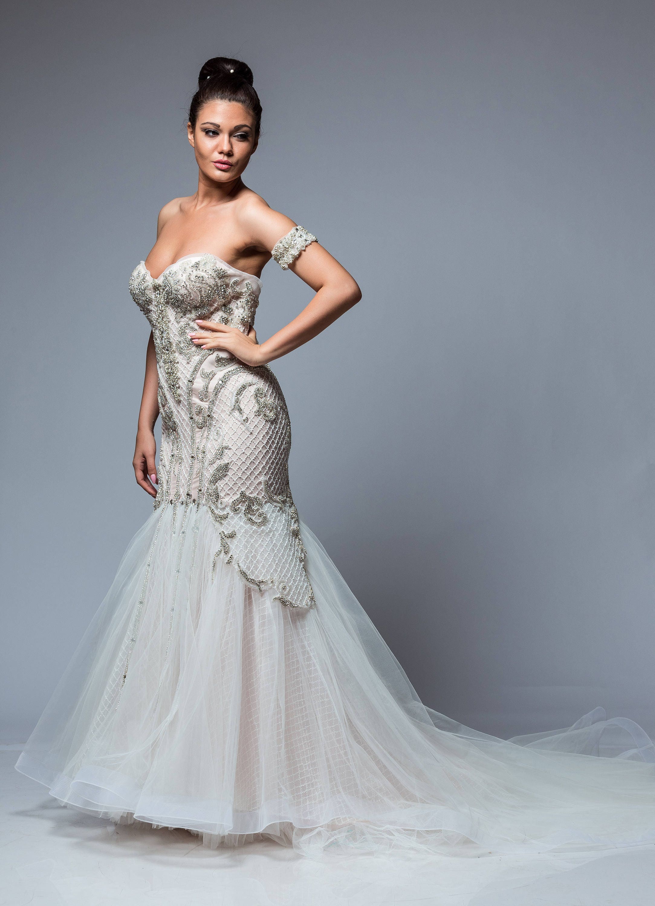 Crystal Wedding Dress in Ivory, Couture Long Wedding Dress, Occasion Color Wedding Dress with Pearls, Beaded Wedding Dress from Tulle