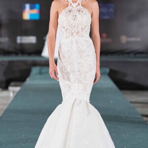 Mermaid wedding dress, Lace trumpet bridal gown in white, Sexy and feminine open back dress of fine lace image 2