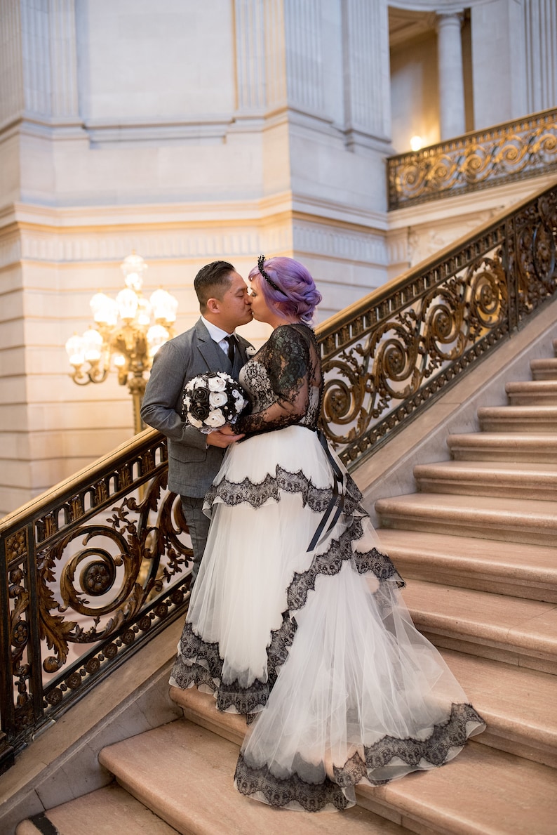 Long bridal dress with black lace, Black and white wedding dress, Sleeved lace wedding dress, French wedding dress from Alencon lace image 3