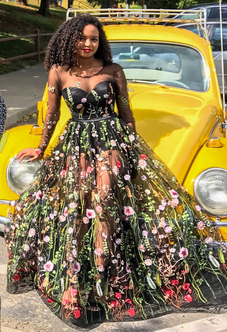 Embroidered Black Tulle Dress/ Floral 